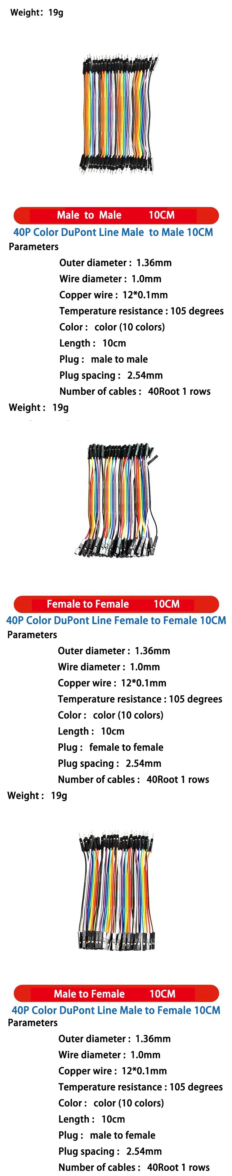DuPont Jumper Wires Female to Female, Male to Female, and Male to Male