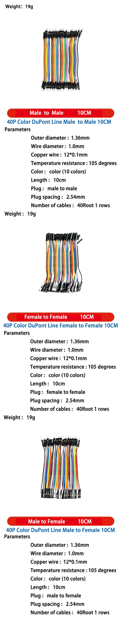 DuPont Jumper Wires Female to Female, Male to Female, and Male to Male