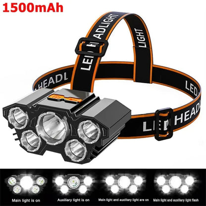 5/11 LED Headlamp Strong Light Head Torch USB Rechargeable Headlight Built-in 18650 Battery Outdoor Fishing Camping Lantern
