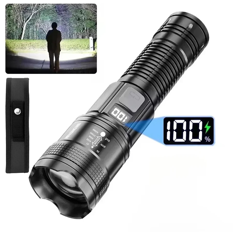 Super Bright LED Flashlight Battery Display Zoom Torch