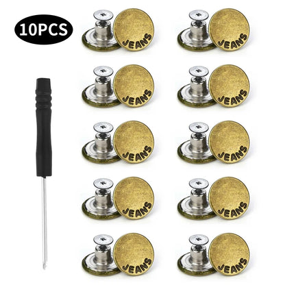 Jeans Buttons Replacement Kit — 17mm No-Sew Nailless Removable Metal Button Repair Set 10pcs