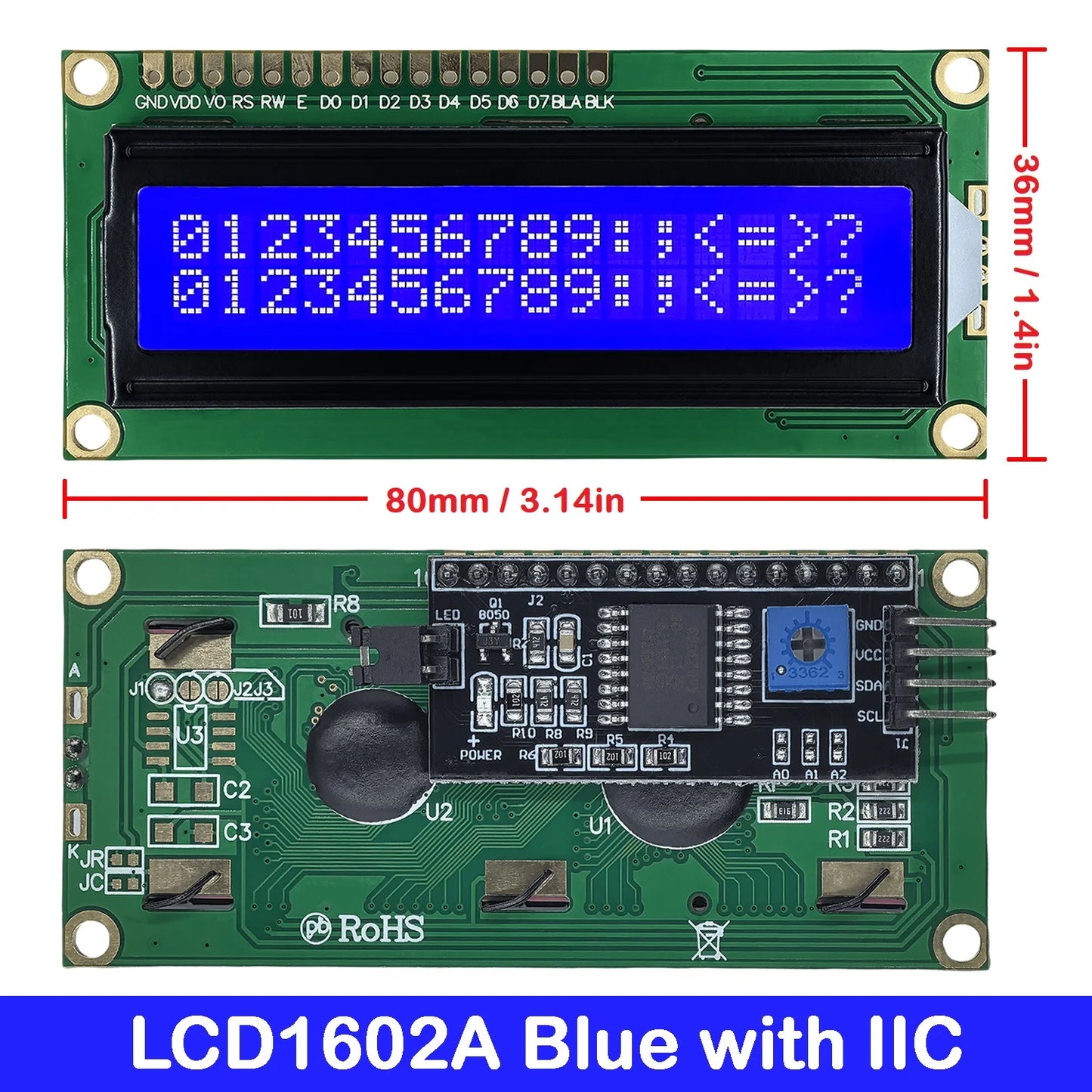 LCD1602 16x2 Character I2C LCD Display Module with PCF8574 Interface 5V Blue Yellow Green Screen for Arduino Projects