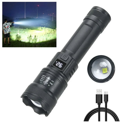 High Power Flashlight Strong Light Long Range LED Flash Light USB Rechargeable Telescopic Zoom Outdoor Camping Riding Lantern