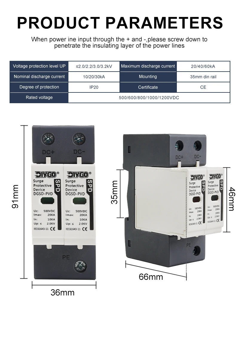 2P SPD DC 500V/600V/800V/1000V House Surge Protector Low-Voltage Arrester Device 10KA~60KA Protective Solar