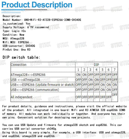 UNO R3 + WiFi ATmega328P ESP8266 Development Board with 32Mb Memory USB-TTL CH340G for Arduino