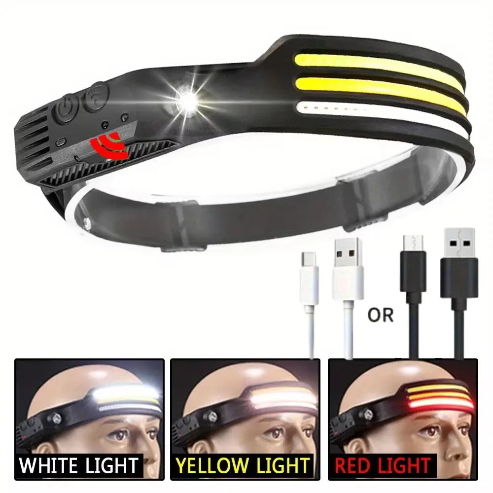 COB LED Headlamp 6000K 350 Lumens | 5 Modes, Motion Sensor, IPX4, 1200mAh Rechargeable | Climbing Running Cycling