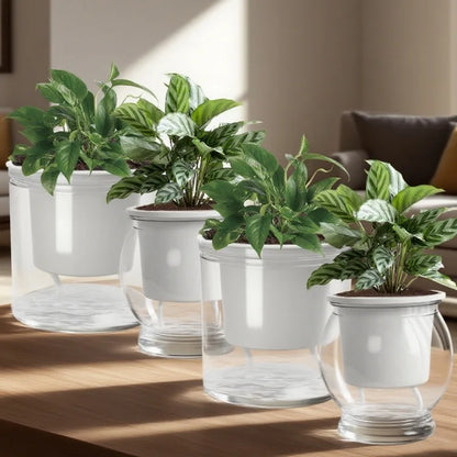 Self Watering Flower Pot Lightweight Transparent Round Resin Planter for Household Bedroom Plants Water Saving Lazy Garden Decor