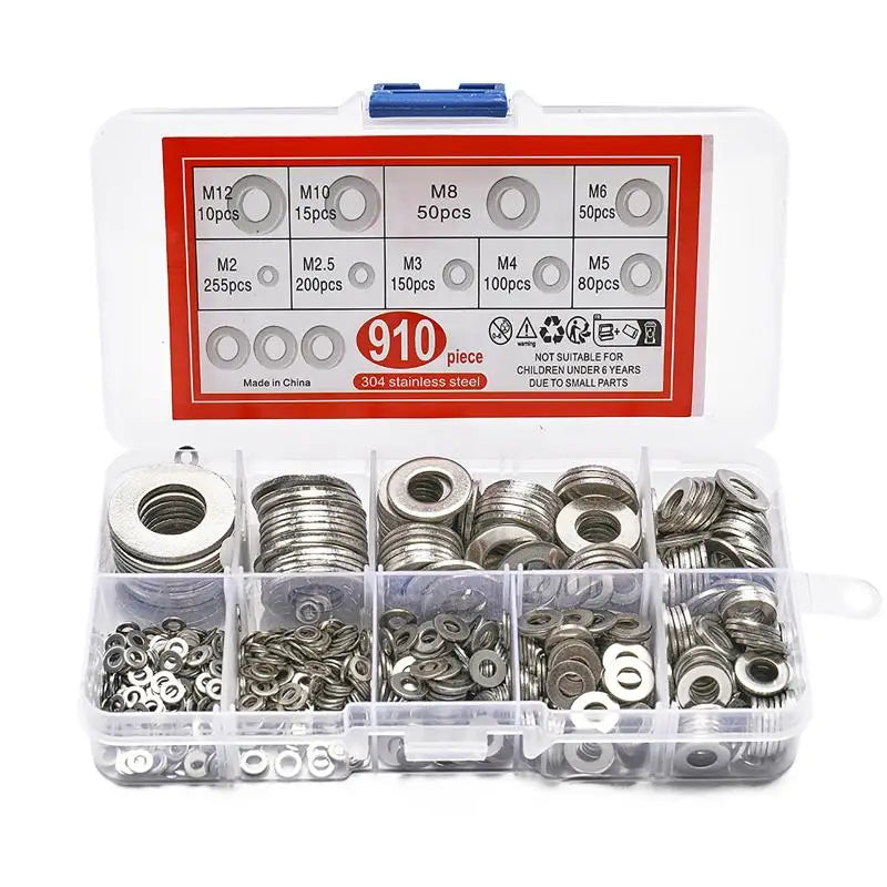 304 Stainless Steel Flat Washers Assortment Kit 910/200pcs — M2 M2.5 M3 M4 M5 M6 M8 M10 M12