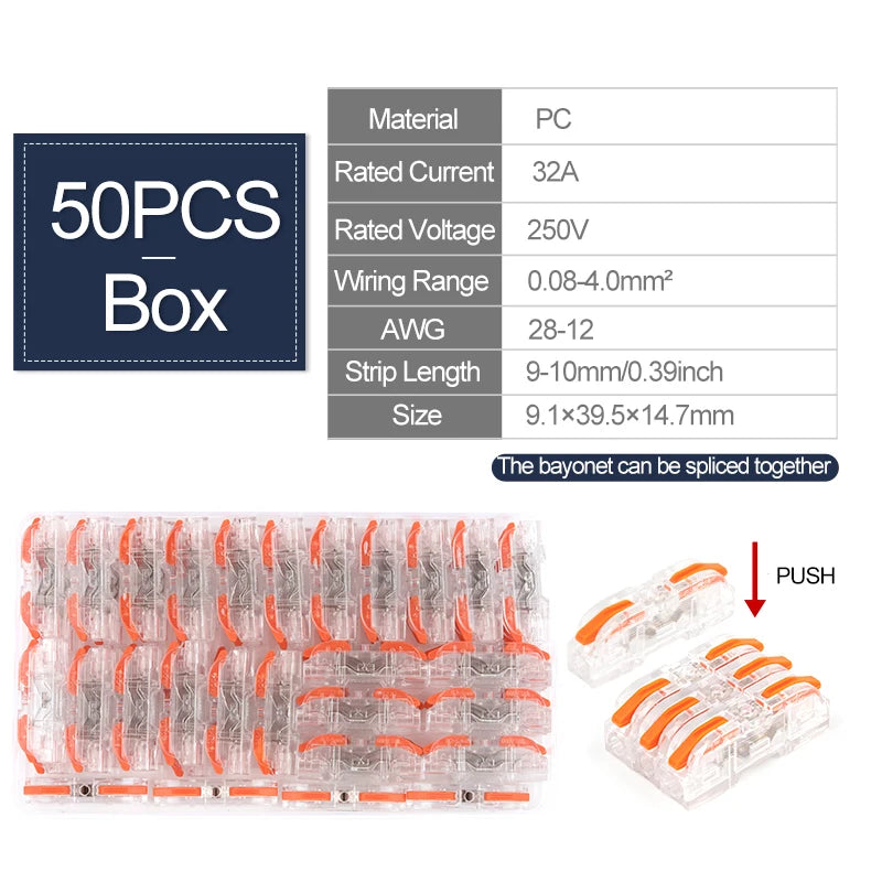 34/50/100pcs Boxed Lever Wire Connector 28-12 AWG 1-to-1 Quick Splice Compact Insulated Terminal Connectors