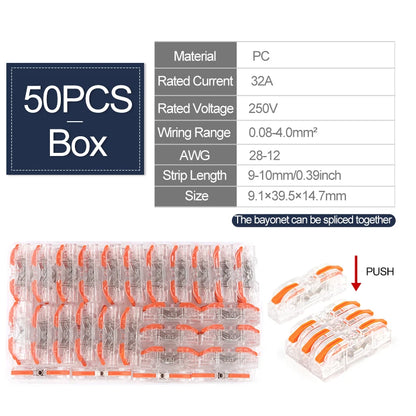 34/50/100pcs Boxed Lever Wire Connector 28-12 AWG 1-to-1 Quick Splice Compact Insulated Terminal Connectors