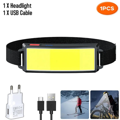 COB LED Rechargeable Headlamp with Built-in Battery Waterproof Head Torch