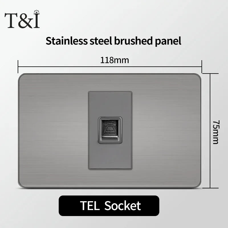 Stainless Steel Wall Socket 118x75mm Italian-Style with USB-C Schuko Chilean Plug Brushed Finish for Home Office