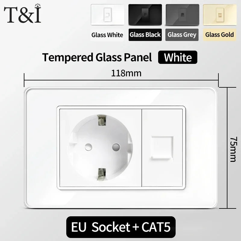 118x75mm Type-C Fast Charging Wall Socket Italy & Chile Schuko Outlet Tempered Glass Panel Type Switch