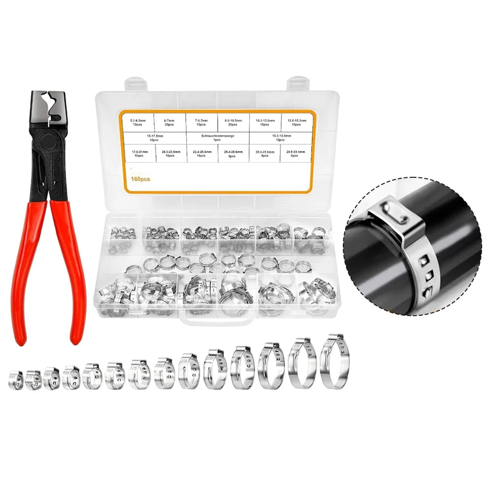160 Pcs Single-Ear Hose Clamps Stainless Steel 304 For Hose Clamp Pliers Variety Pack 5.3-33.1 Mm Inner Diameter For Automotive