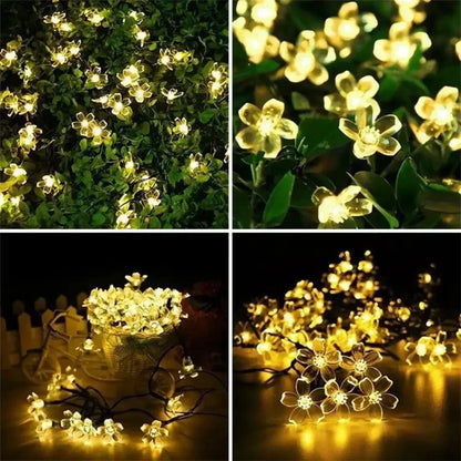 Solar Sakura Fairy String Lights, 5/7/12/22M Peach Blossom Cherry LED Lamp for Wedding, Party, Garden, Christmas Outdoor Decor
