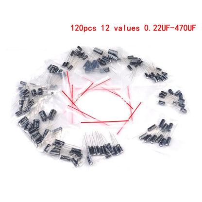 1set of 120pcs Aluminum Electrolytic Capacitor Assortment Kit 12 Values 0.22µF–470µF