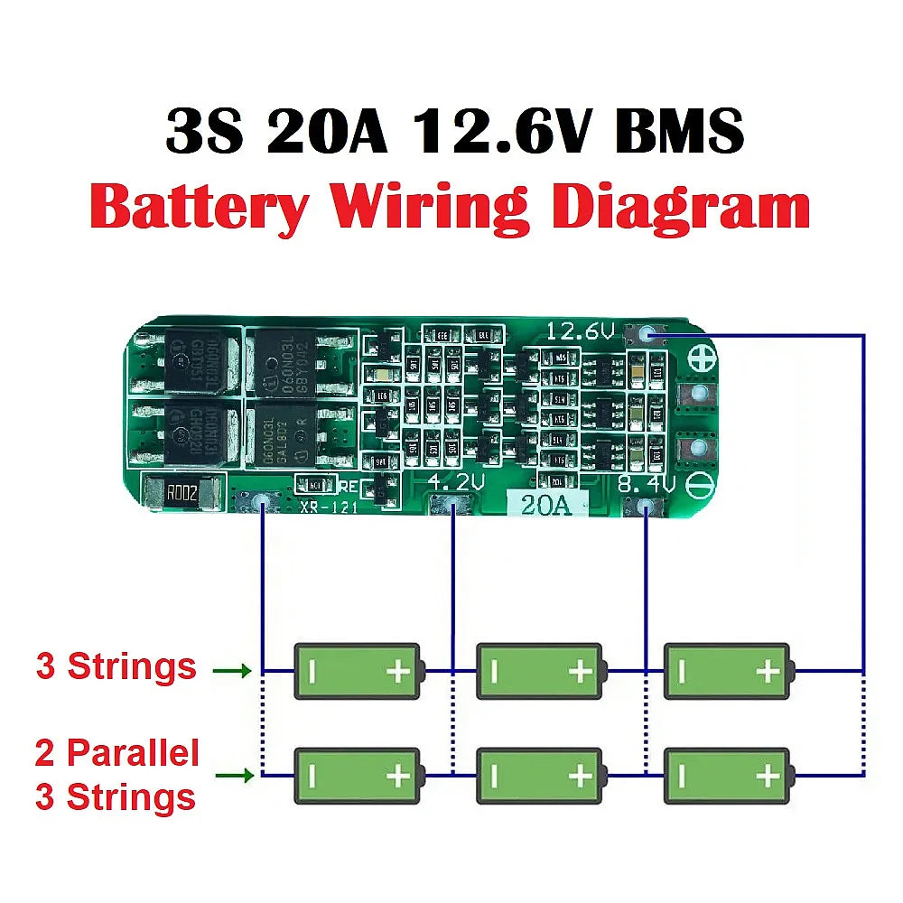 3S 20A Lithium Battery BMS Protection Board 3.6V-12.6V for 18650 Li-ion Cells and Drill Motors