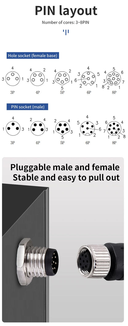 M8 Straight Curved Pin Aviation Plug Sensor PCB Bonding Plate Male Female Socket Waterproof Connector 3/4/5/6/8P