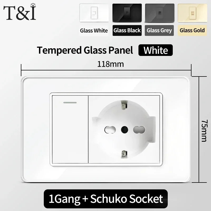 118x75mm Type-C Fast Charging Wall Socket Italy & Chile Schuko Outlet Tempered Glass Panel Type Switch
