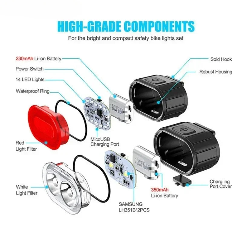 Rechargeable Bike Light Set Front Light with Taillight Mini Night Safety Warning Bicycle Accessories for Night Outdoor Cycling