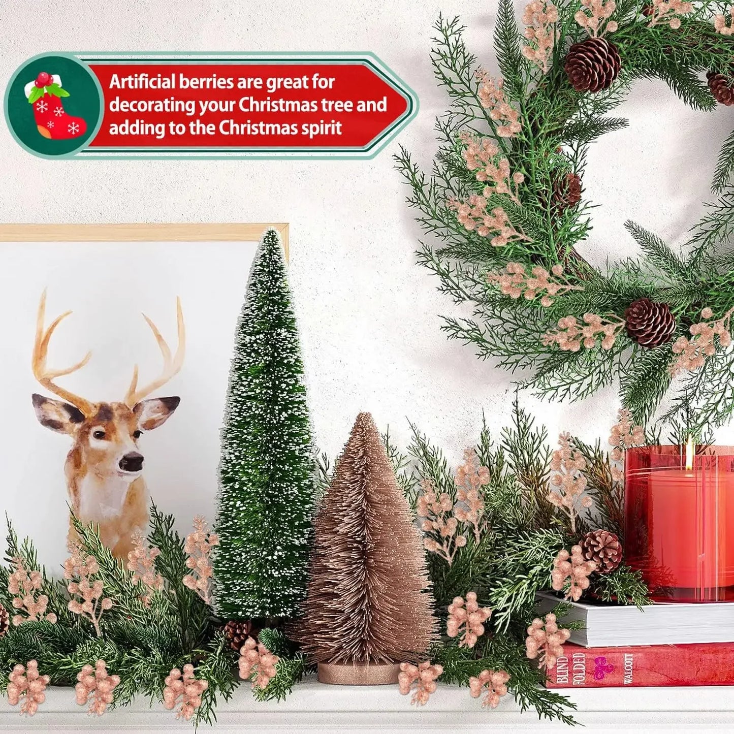 Christmas Artificial Berries Branch Glitter Red Holly Berry Flowers Bouquet Fake Plants New Year Party Festival Home Decoration