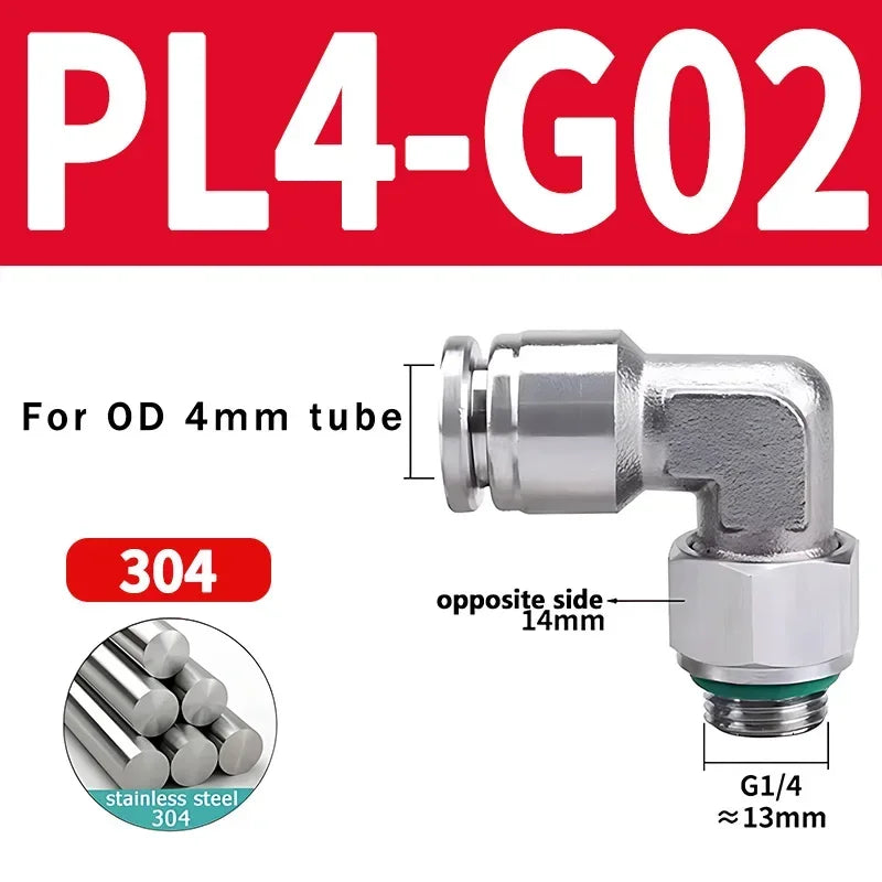 PL-G 304 Stainless Steel Pneumatic Elbow Fitting 1/8 1/4 3/8 1/2 External G Thread Quick Coupling Joint