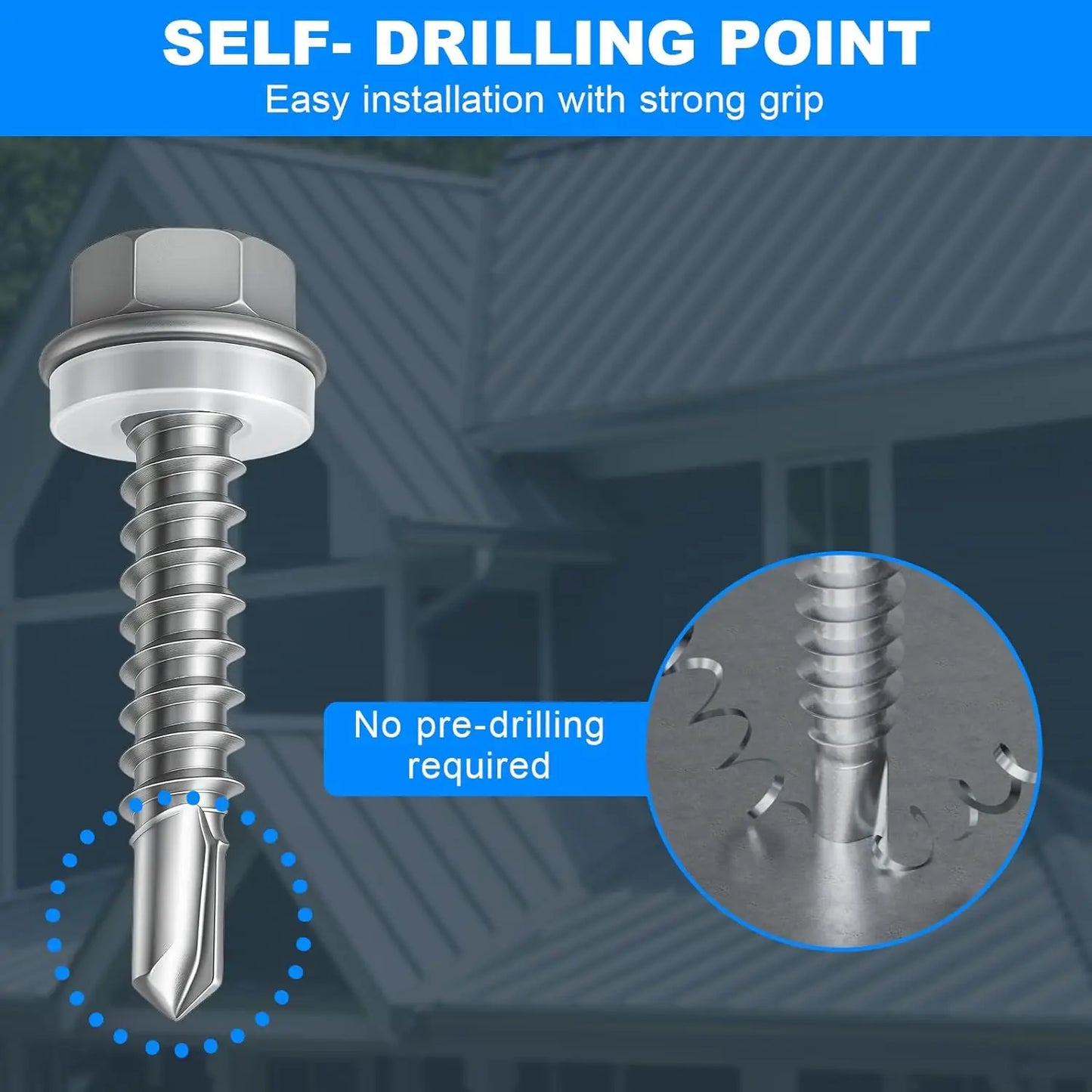 Stainless Steel Self-Tapping Hex Head Drill Tail Screws with Washers — Metal Roofing &amp; Sheet Metal Fasteners Assortment Kit 20/100pcs