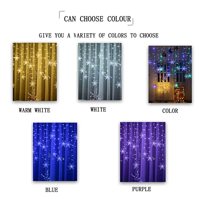 2026 Xmas Wedding Party Decoration 3.2M Christmas Snowflakes LED String Lights Flashing Fairy Curtain Waterproof