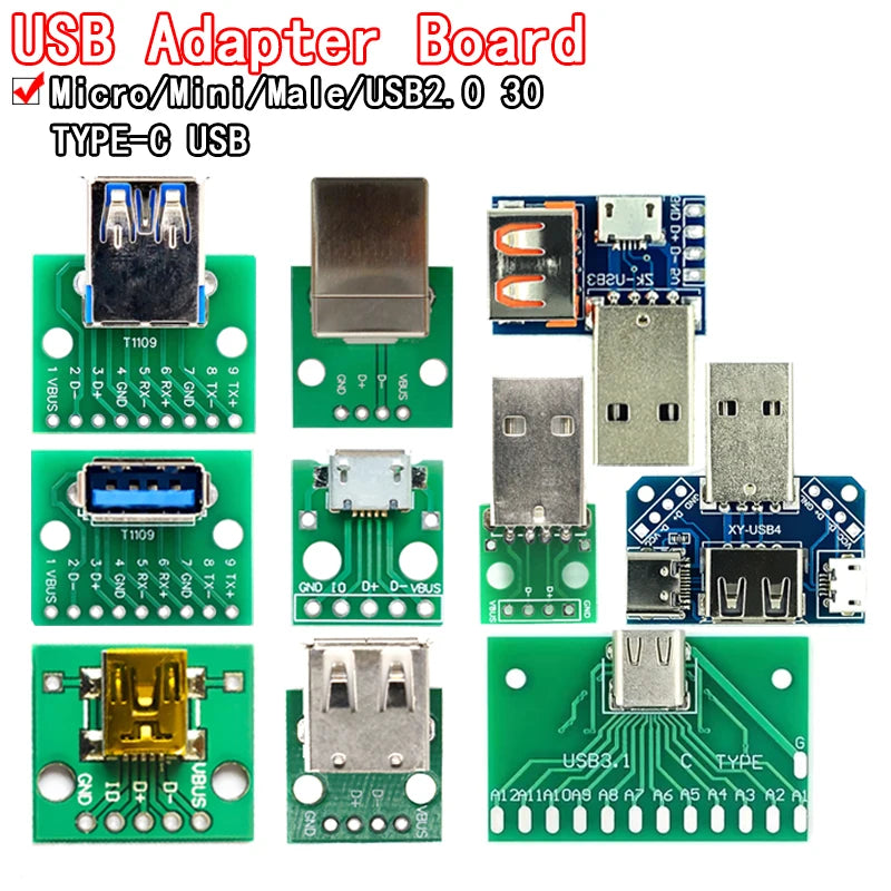 USB Male to DIP Adapter — Mini-B / Micro-B / Type-C / USB-A 2.0 / 3.0, PCB Breakout (2-Pack)