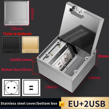Hidden Floor Socket with USB Charging Ports 304 Stainless Steel Underground Power Outlet EU FR BR IL IT Standard 130×130mm