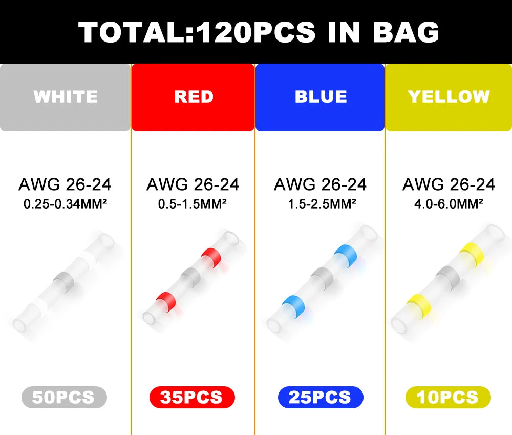 100/120 PCS Solder Seal Wire Connectors, Heat Shrink Butt Connectors, Waterproof Insulated Electrical Wire Terminals