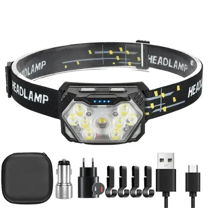 Powerful LED Sensor Headlamp USB Rechargeable Head Torch with Built-in Battery