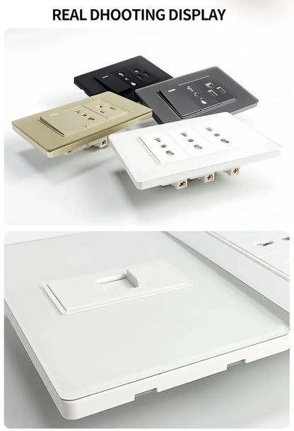 118x75mm Tempered Glass US Thai Socket Dual USB-C Ports 2 AC Outlets 110V Scratch-Resistant Panel