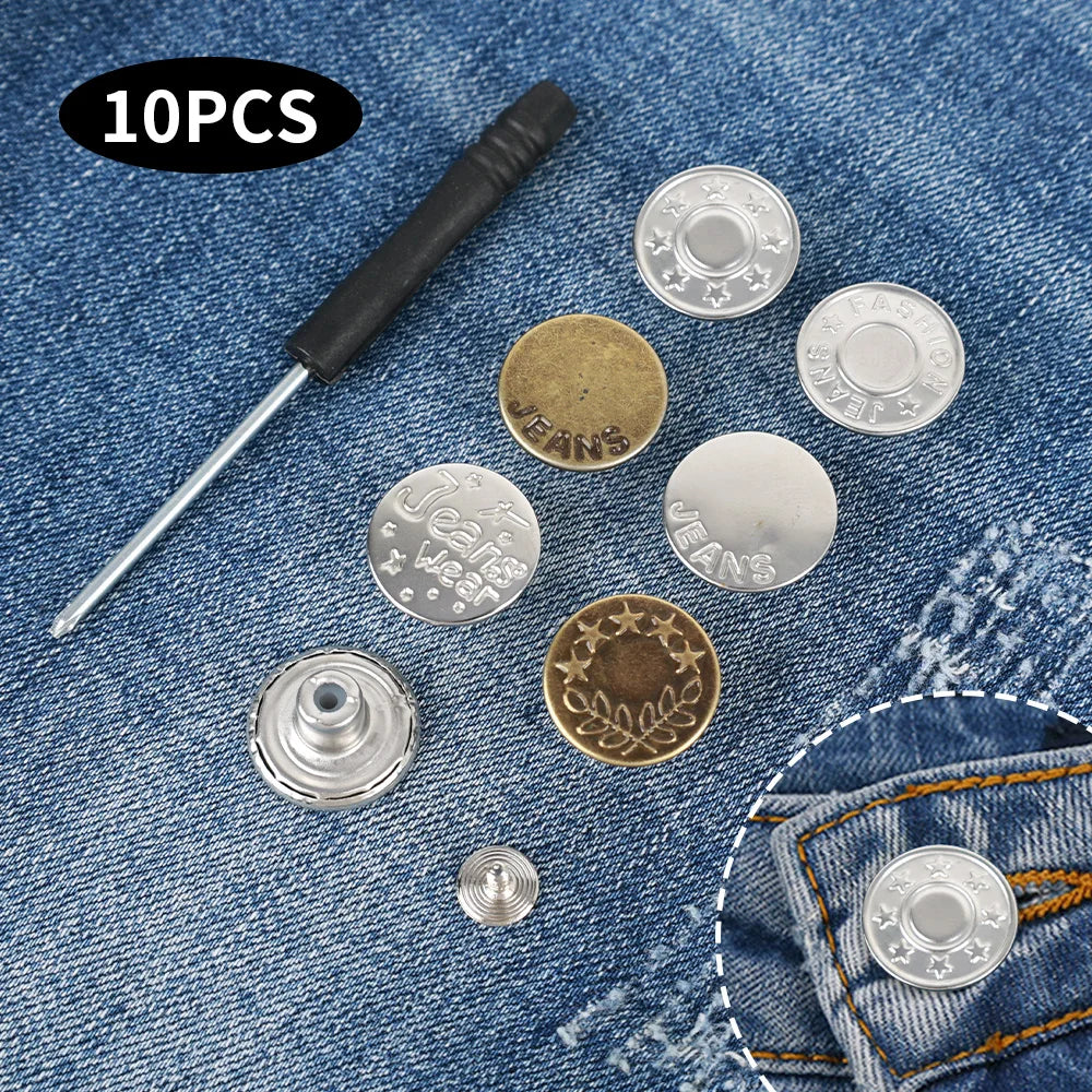 Jeans Buttons Replacement Kit — 17mm No-Sew Nailless Removable Metal Button Repair Set 10pcs