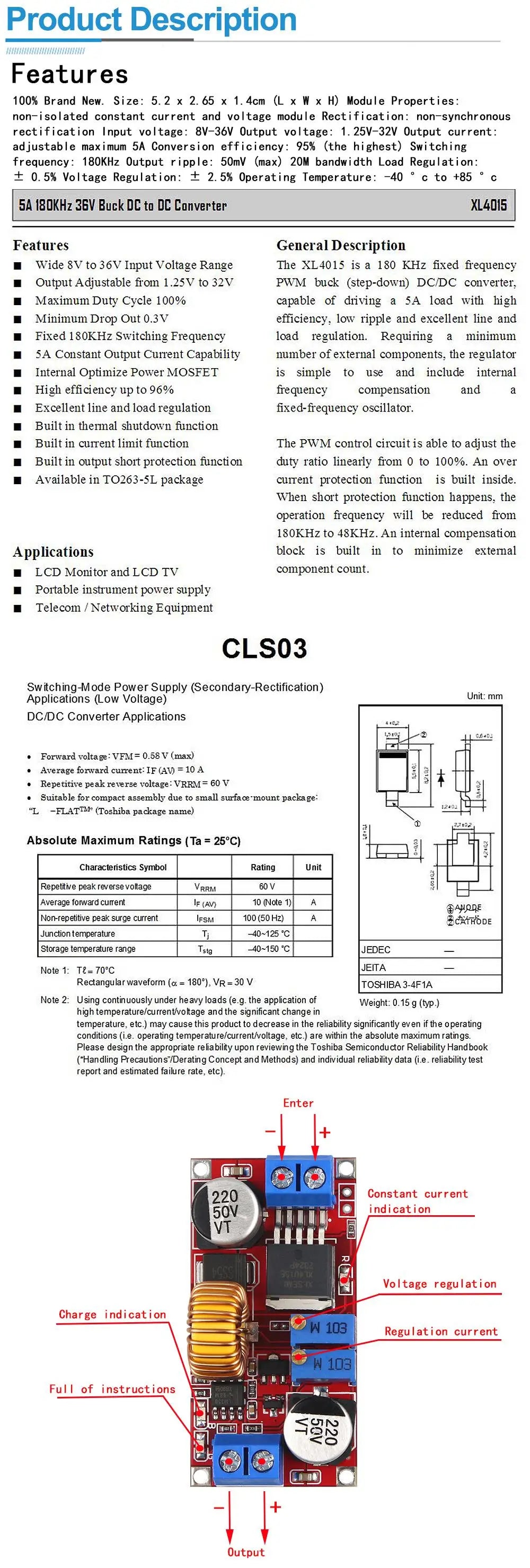 XL4015 5A DC-DC Step-Down CC/CV Lithium Battery Charging and Power Converter Module