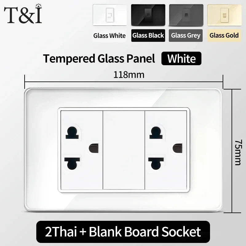 118x75mm Tempered Glass US Thai Socket Dual USB-C Ports 2 AC Outlets 110V Scratch-Resistant Panel