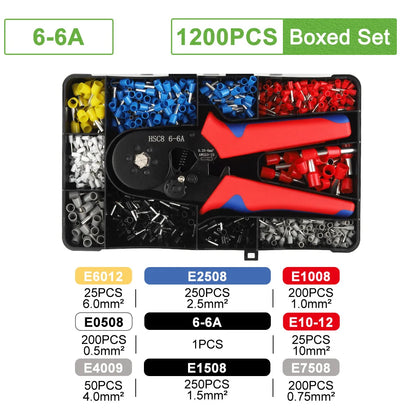 1200PCS Self Adjustable VE Tube Terminal Kits Tool Plier Set Cord End Bootlace Ferrules Wire Cable Crimper 6-4A/6-6A