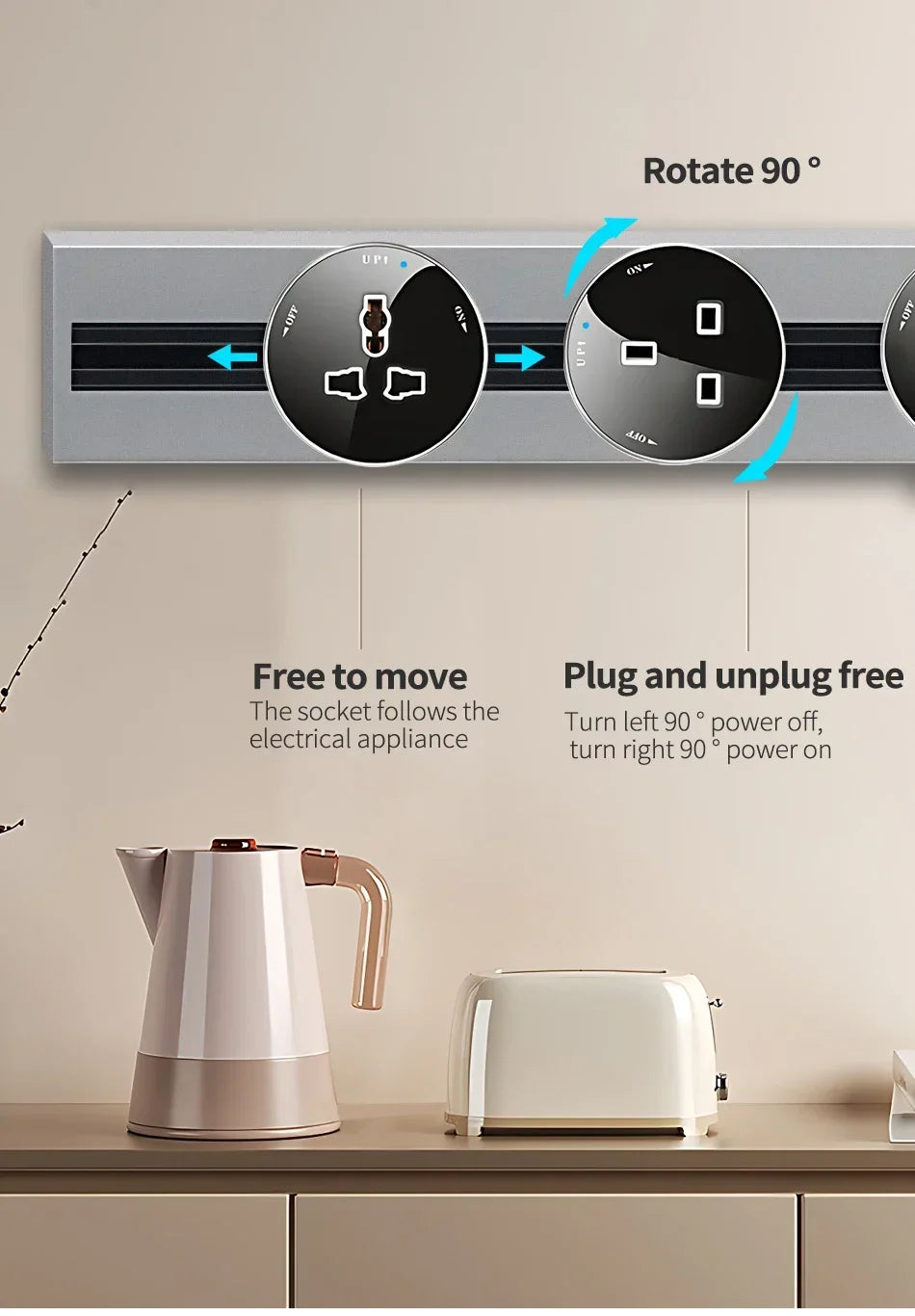 Power Track Universal Socket with USB Wall Mount Power Strip Removable Outlet Adapter