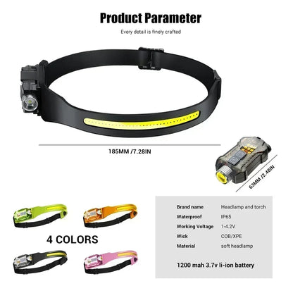 LED+COB Dual Light Source Induction Headlight Detachable 2-in-1 Flashlight 9-level Dimming Outdoor Multifunctional Fishing Torch