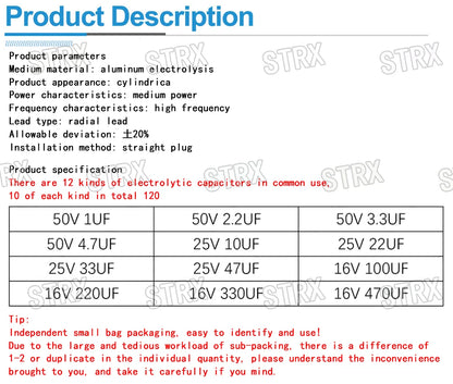 1set of 120pcs Aluminum Electrolytic Capacitor Assortment Kit 12 Values 0.22µF–470µF
