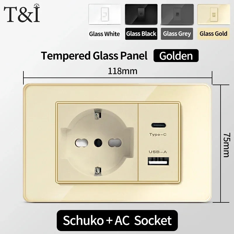 118-Style EU/CL Dual Socket with USB-C PD 20W Tempered Glass Italy & Chile Outlet for Home Office