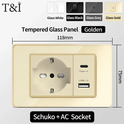 118-Style EU/CL Dual Socket with USB-C PD 20W Tempered Glass Italy & Chile Outlet for Home Office