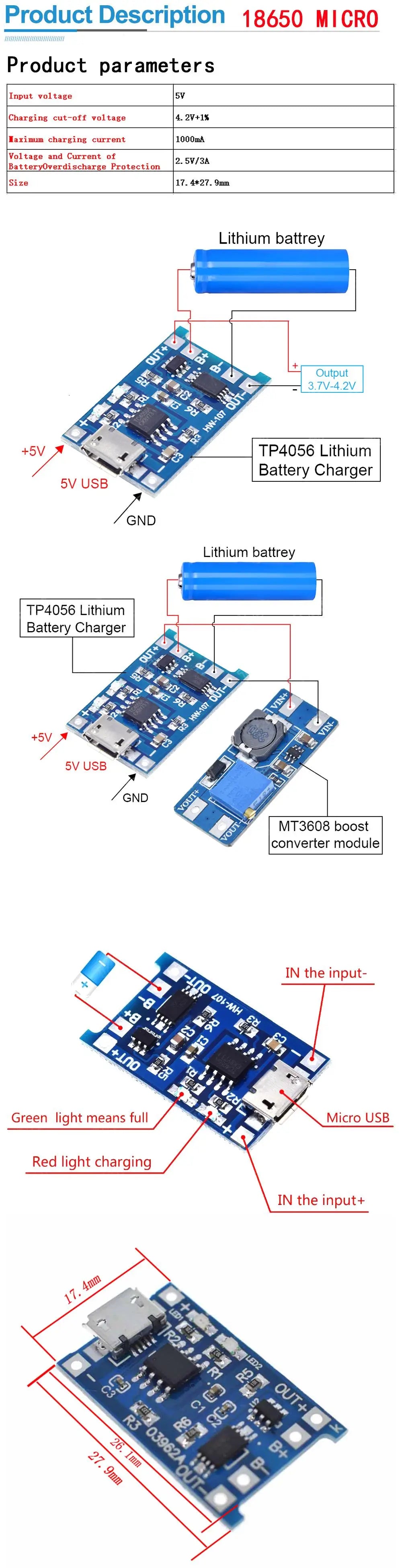 type-c/Micro USB 5V 1A 18650 TP4056 Lithium Battery Charger Module Charging Board With Protection Dual Functions 1A Li-ion