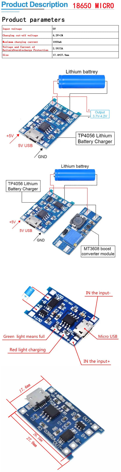 type-c/Micro USB 5V 1A 18650 TP4056 Lithium Battery Charger Module Charging Board With Protection Dual Functions 1A Li-ion