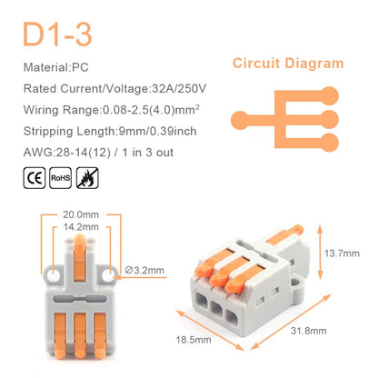 1 in Multiple Out Fast Electrical Wire Connector, Universal Compact Cable Splicing Terminal Block, Push-in Connector with Lever