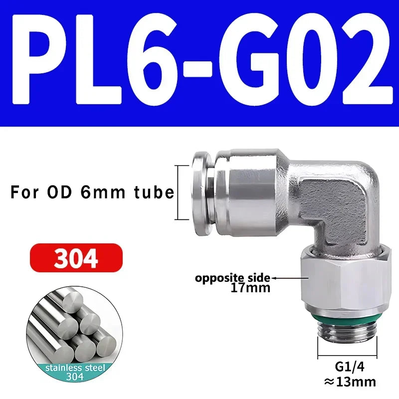 PL-G 304 Stainless Steel Pneumatic Elbow Fitting 1/8 1/4 3/8 1/2 External G Thread Quick Coupling Joint