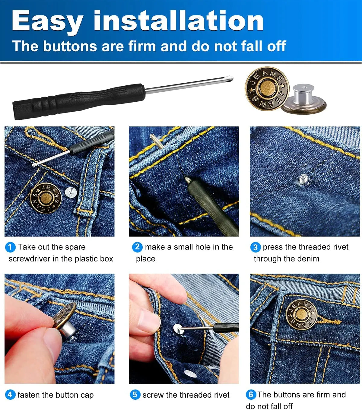 Jeans Buttons Replacement Kit — 17mm No-Sew Nailless Removable Metal Button Repair Set 10pcs