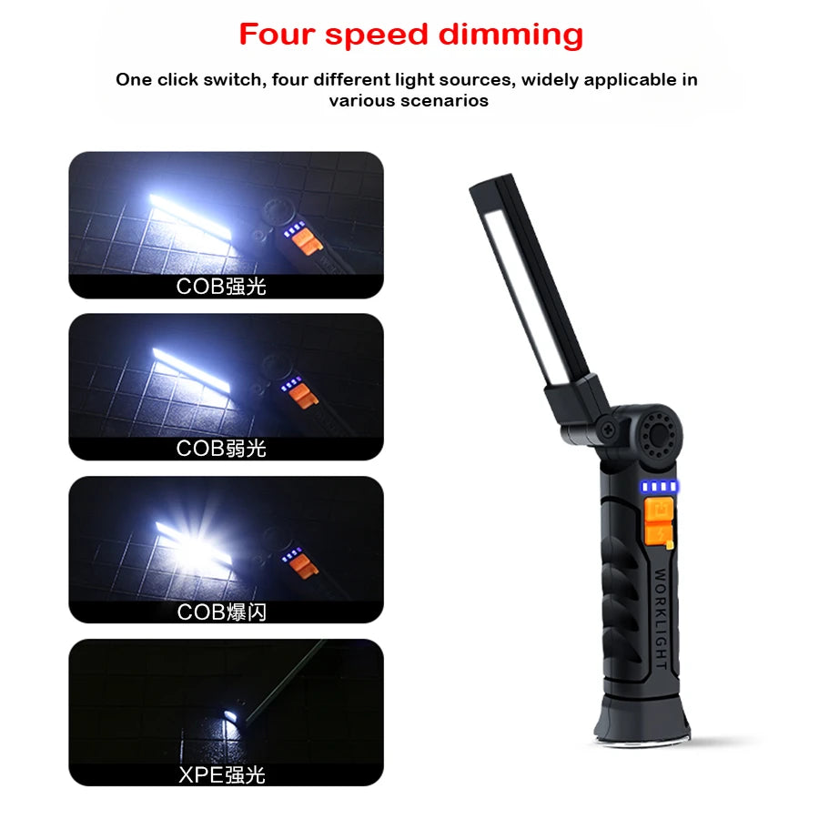 High Power LED Work Light 5 Lighting Mode Rechargeable Flashlight Inspection Lamp with Magnetic Power Bank 18650 Battery Torch