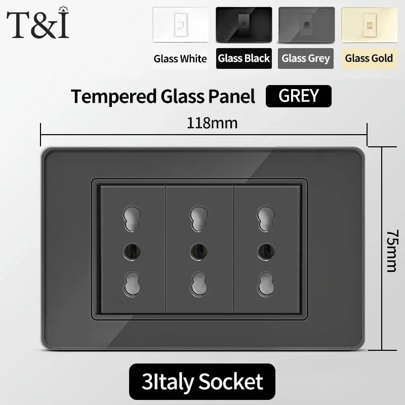 T&I Wall Switch Socket with USB-C Fast Charging Italy & Chile Schuko Outlet Tempered Glass Panel