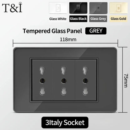 T&I Wall Switch Socket with USB-C Fast Charging Italy & Chile Schuko Outlet Tempered Glass Panel